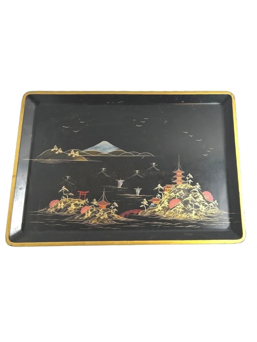 Vintage Japanese Lacquered Tray with Scenic Island and Pagoda Design